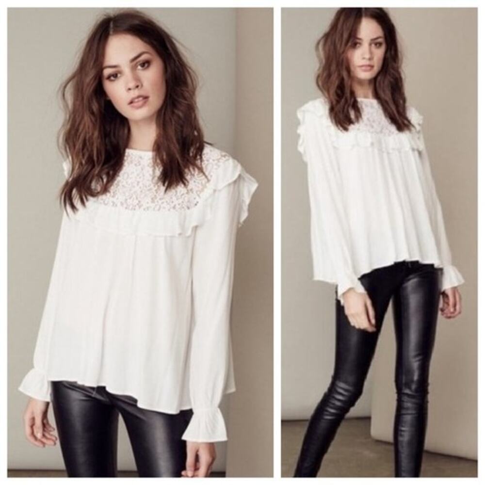 For Love & Lemons Vivian White Lace Ruffle Long Sleeve Blouse, Size Medium